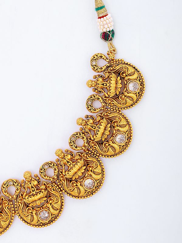 Exotic India Traditional Goddess Laxmi Brass Necklace With Earrings Set 
