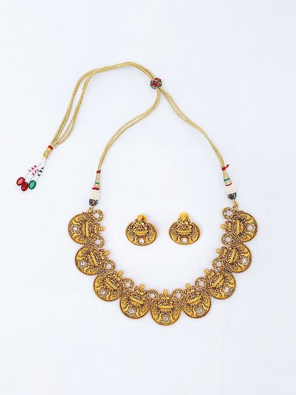 exotic india Traditional Goddess Laxmi Brass Necklace with Earrings Set 