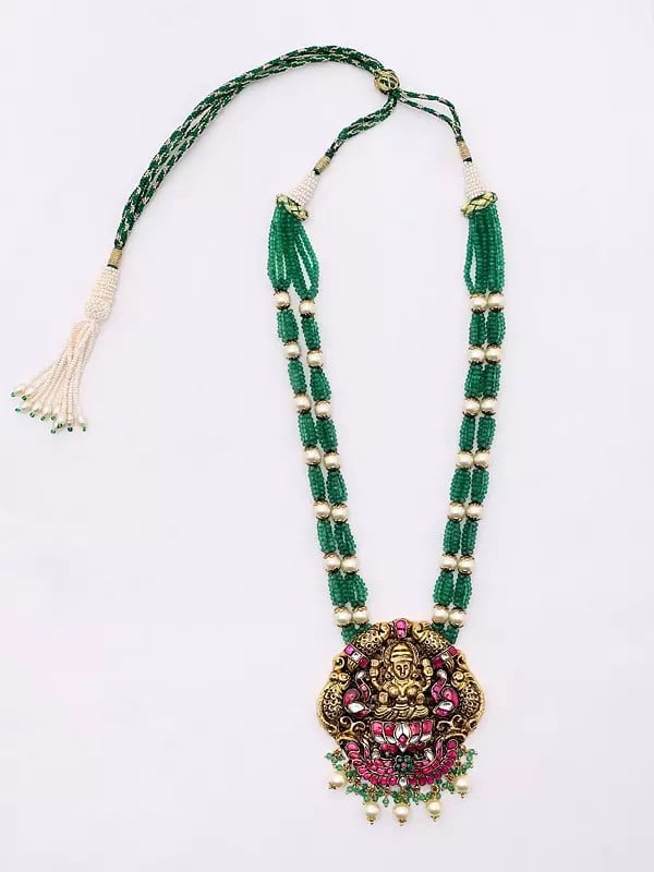 Exotic India Traditional Goddess Laxmi Necklace And Earrings Set With Beaded Strand 