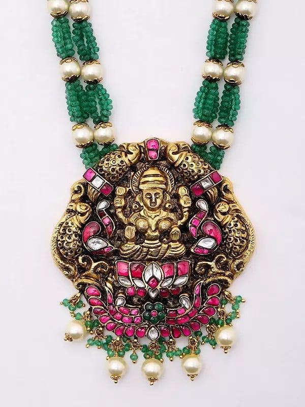 Exotic India Traditional Goddess Laxmi Necklace And Earrings Set With Beaded Strand 