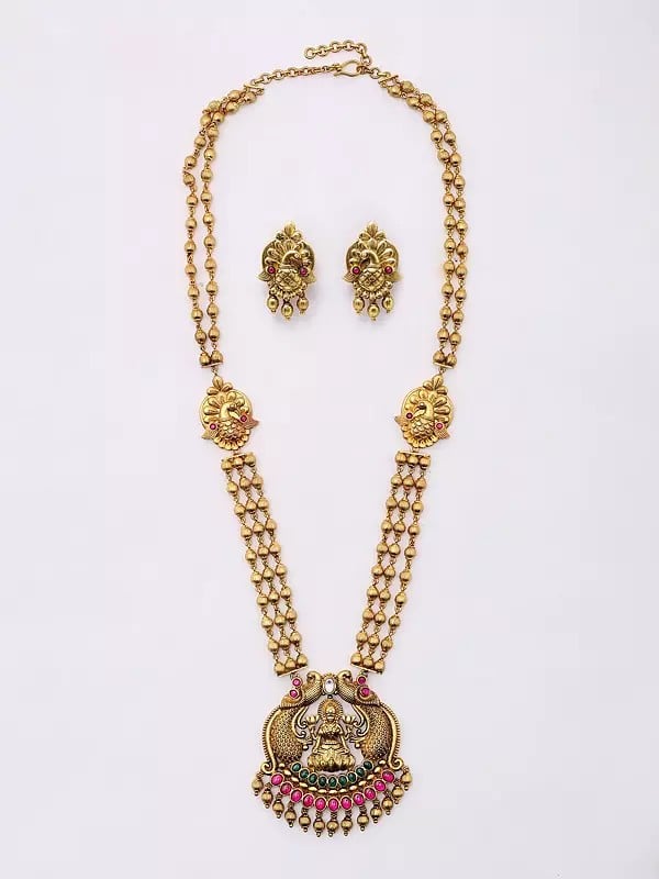exotic india Traditional Goddess Laxmi Temple Necklace and Earrings Set 