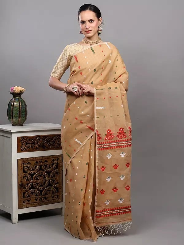 exotic india Traditional Jamdani Handloom Saree from Bengal with Woven Floral Bootis 