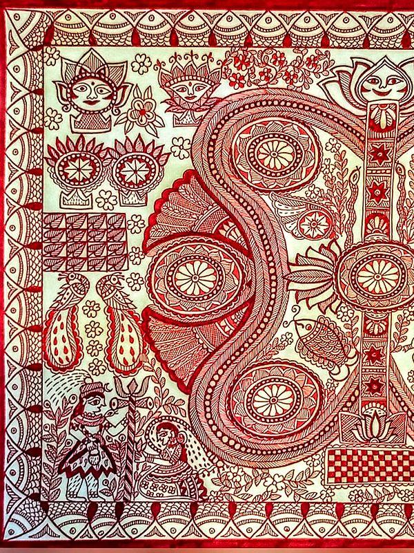 Exotic India Traditional Khobar Madhubani Painting | Fineliners On Paper | By Ruchi
