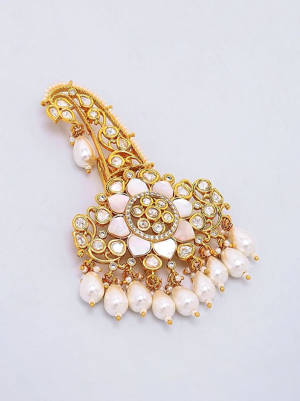 exotic india Traditional Kundan Safa Kalangi Brooch with Pearl Drop