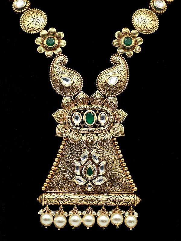 Exotic India Traditional Long Necklace Set In Elegant Look With Kundan And Hanging Beads For Women