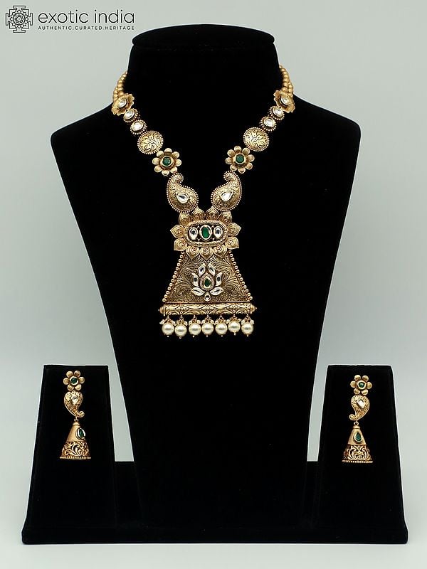 exotic india Traditional Long Necklace Set In Elegant Look With Kundan And Hanging Beads For Women