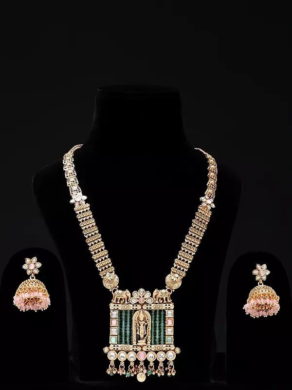 exotic india Traditional Lord Rama Long Necklace Set with Earrings
