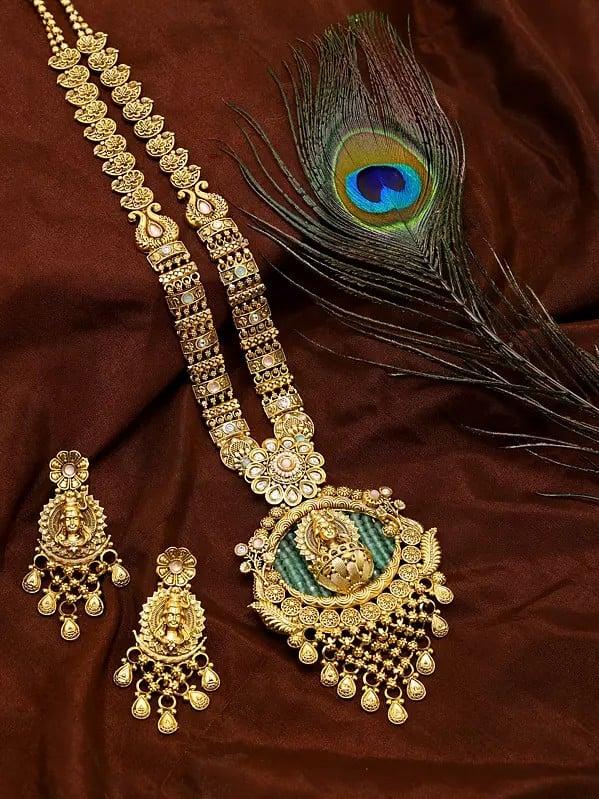 Exotic India Traditional Lord Shiva Copper Long Necklace Set With Earrings 