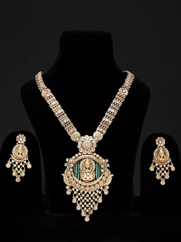 exotic india Traditional Lord Shiva Copper Long Necklace Set with Earrings