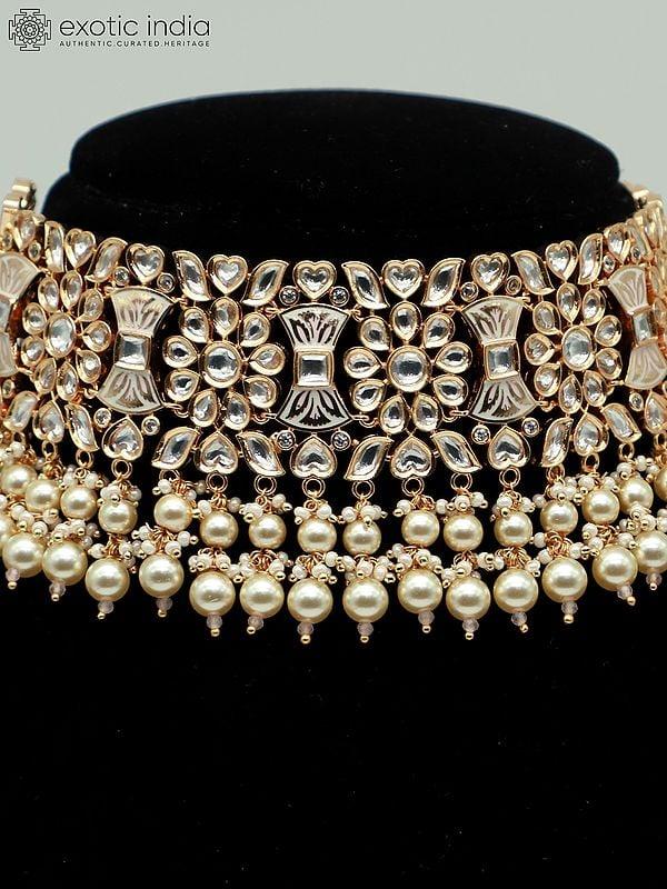 Exotic India Traditional Meenakari Choker Set And Earrings For Bridal With Kundan And Brass