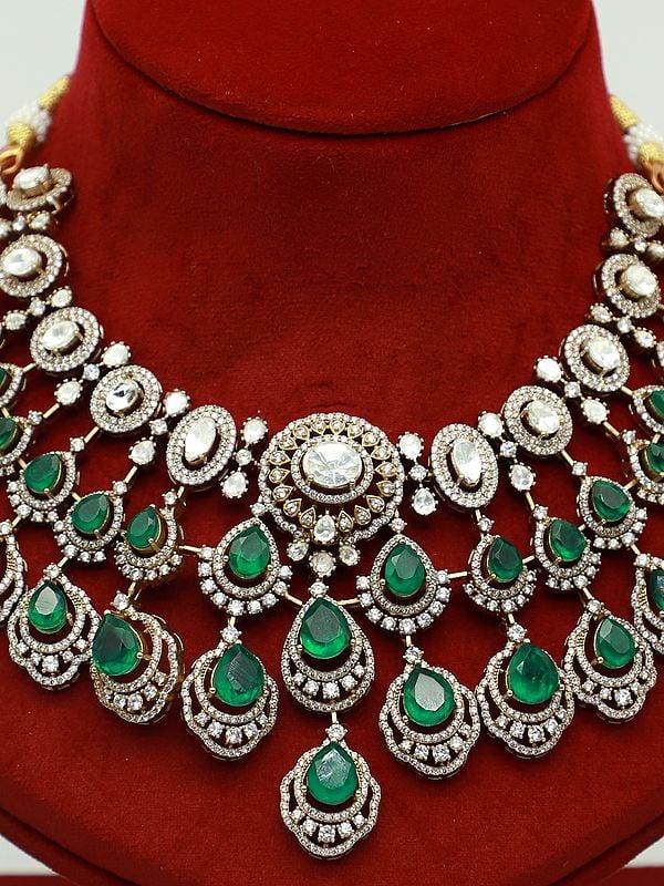 Exotic India Traditional Moissanite Necklace Set With Doublet Stone And Antique Polish Earrings 
