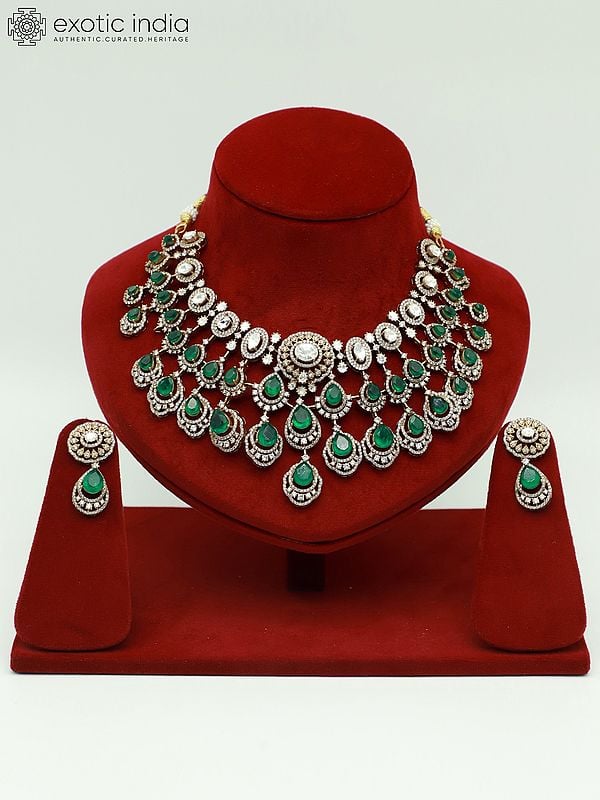 exotic india Traditional Moissanite Necklace Set With Doublet Stone And Antique Polish Earrings 