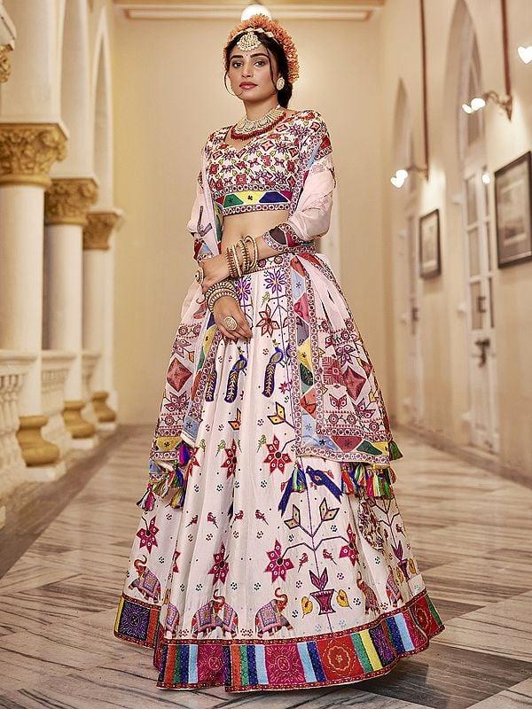 Exotic India Traditional Motifs Printed Stunning Art Silk Lehenga Choli With Matching Organza Dupatta 