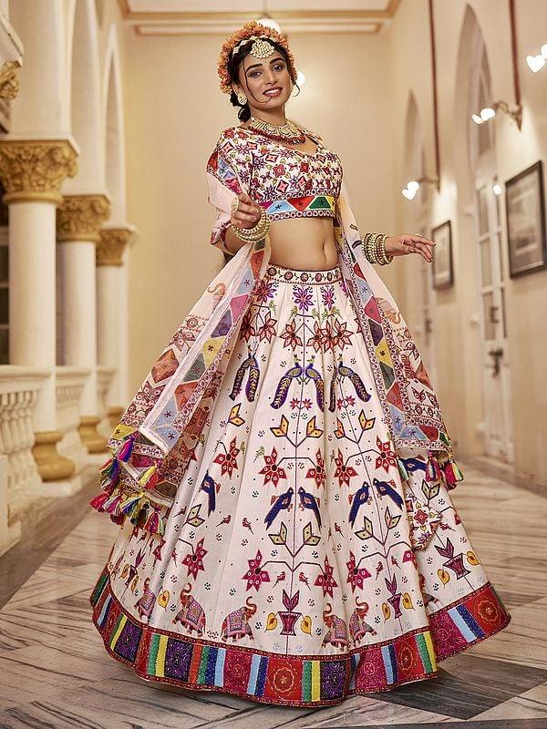 Exotic India Traditional Motifs Printed Stunning Art Silk Lehenga Choli With Matching Organza Dupatta 