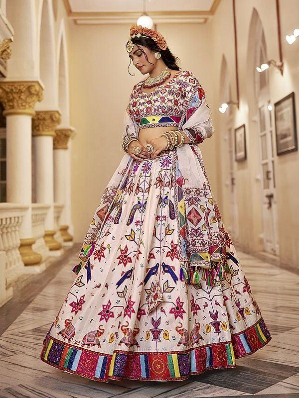 Exotic India Traditional Motifs Printed Stunning Art Silk Lehenga Choli With Matching Organza Dupatta 