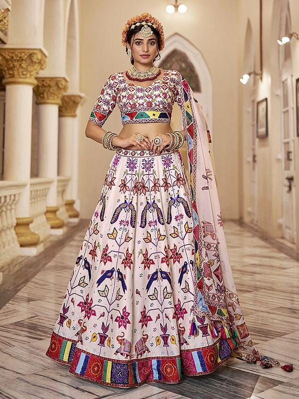exotic india Traditional Motifs Printed Stunning Art Silk Lehenga Choli With Matching Organza Dupatta 