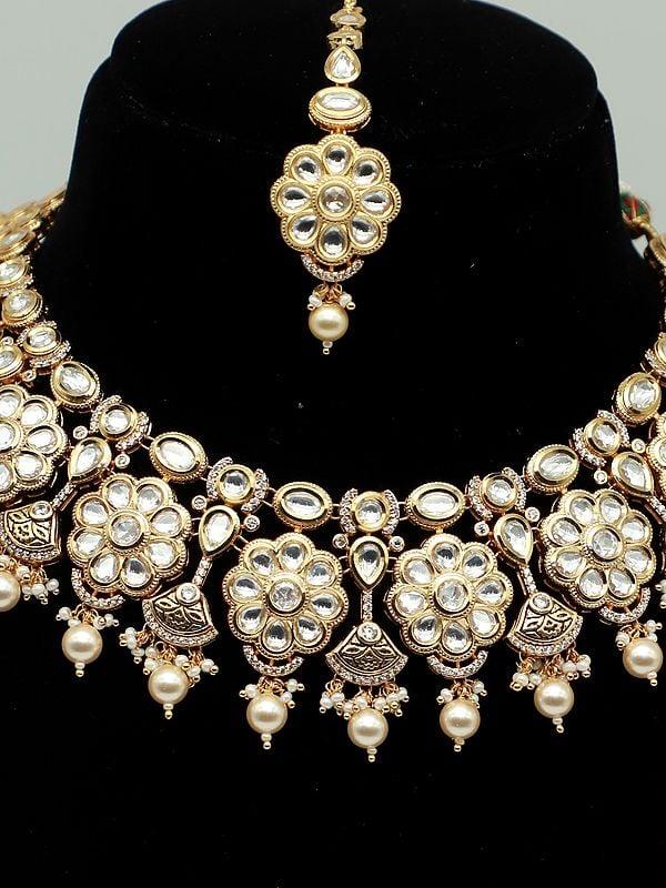 Exotic India Traditional Necklace Set With Hanging Pearls And Earrings In Matte Finishing