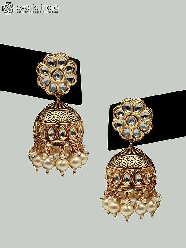Exotic India Traditional Necklace Set With Hanging Pearls And Earrings In Matte Finishing