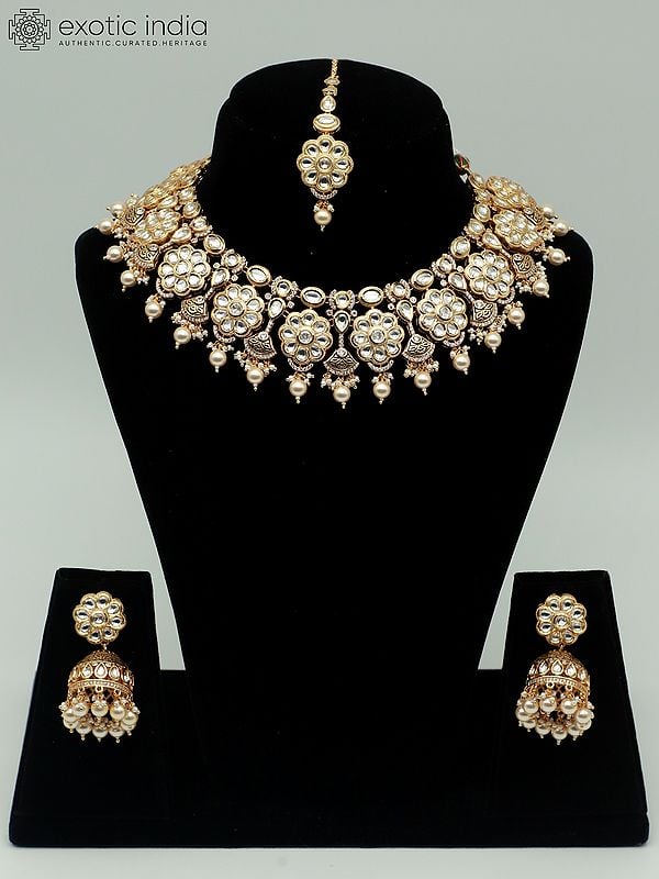 exotic india Traditional Necklace Set With Hanging Pearls And Earrings In Matte Finishing 