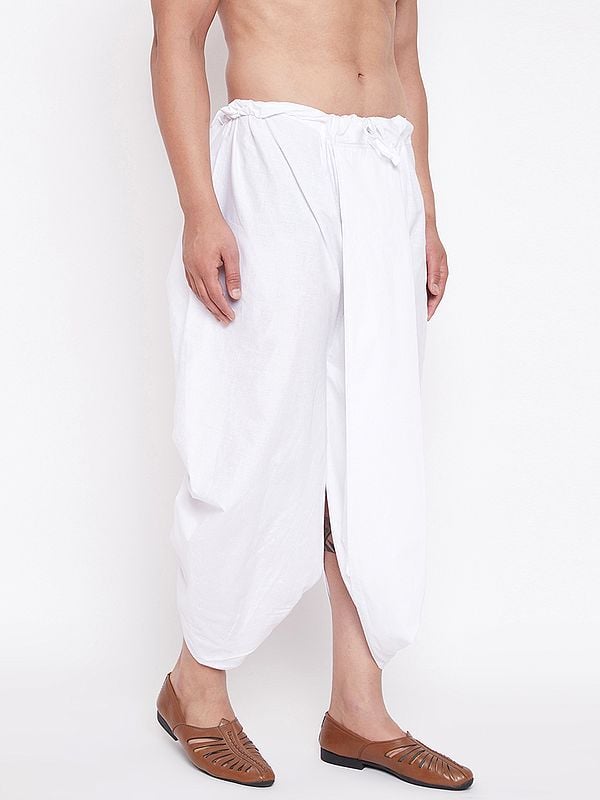 Exotic India Traditional Pattern Cotton White Dhoti (Ready To Wear) 