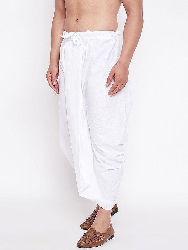Exotic India Traditional Pattern Cotton White Dhoti (Ready To Wear) 
