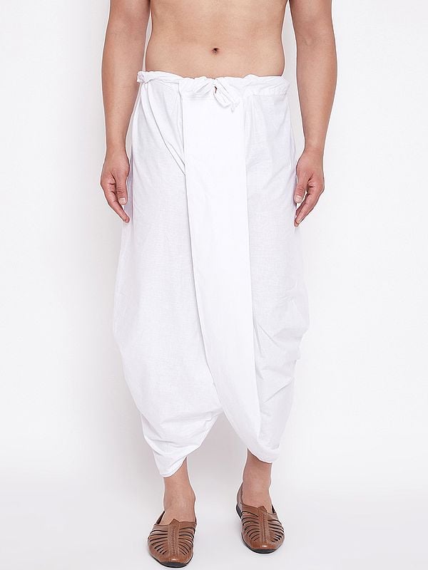 exotic india Traditional Pattern Cotton White Dhoti (Ready to Wear) 