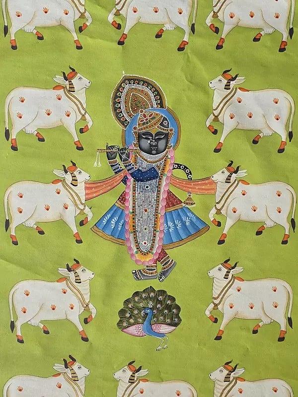 Exotic India Traditional Pichwai Painting Of Shrinathji | Watercolor On Cotton 