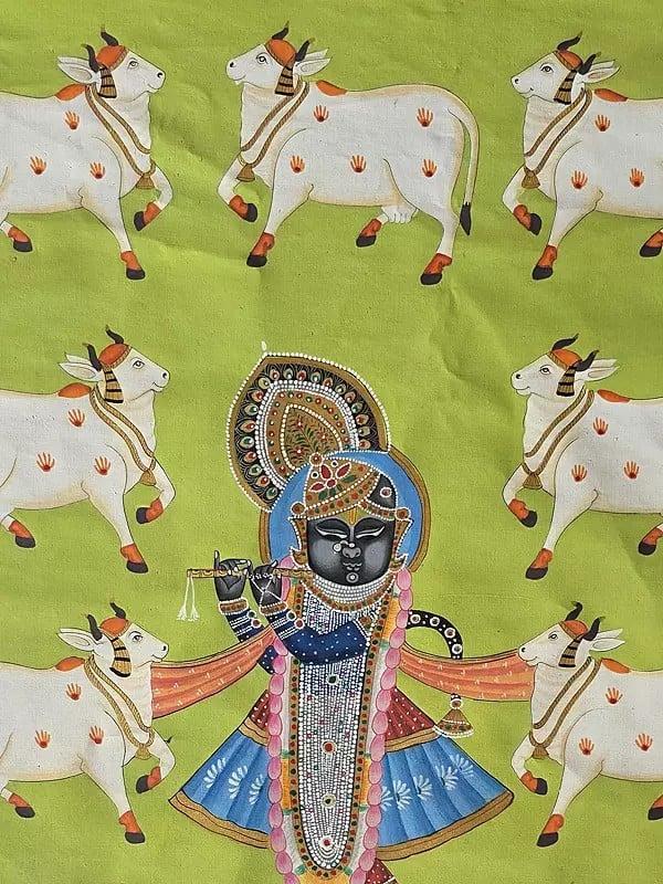 Exotic India Traditional Pichwai Painting Of Shrinathji | Watercolor On Cotton 