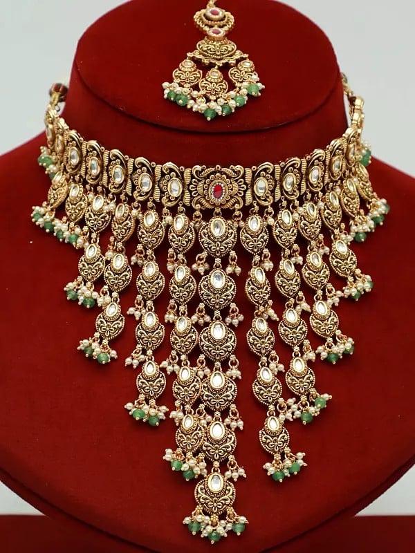 Exotic India Traditional Premium Matte Necklace Set With Beautiful Mangtika And Earrings