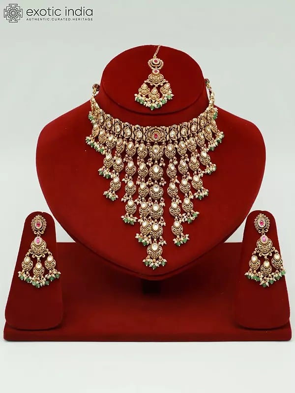 exotic india Traditional Premium Matte Necklace Set With Beautiful Mangtika And Earrings 