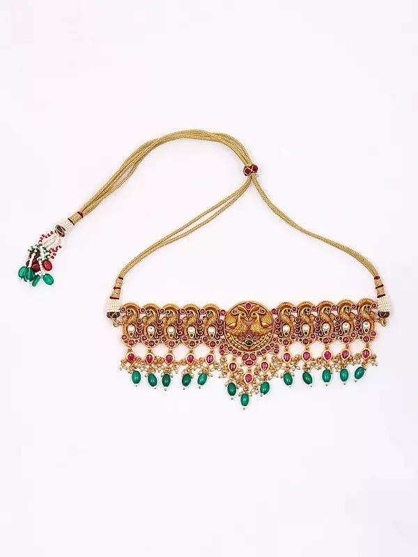 Exotic India Traditional South Indian Style Peacock Choker With Earrings Set