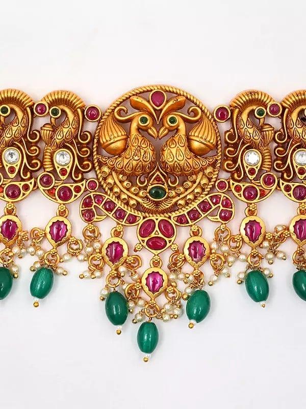 Exotic India Traditional South Indian Style Peacock Choker With Earrings Set