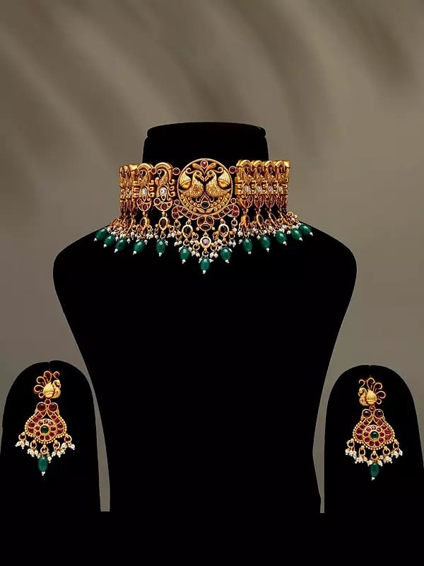exotic india Traditional South Indian Style Peacock Choker with Earrings Set