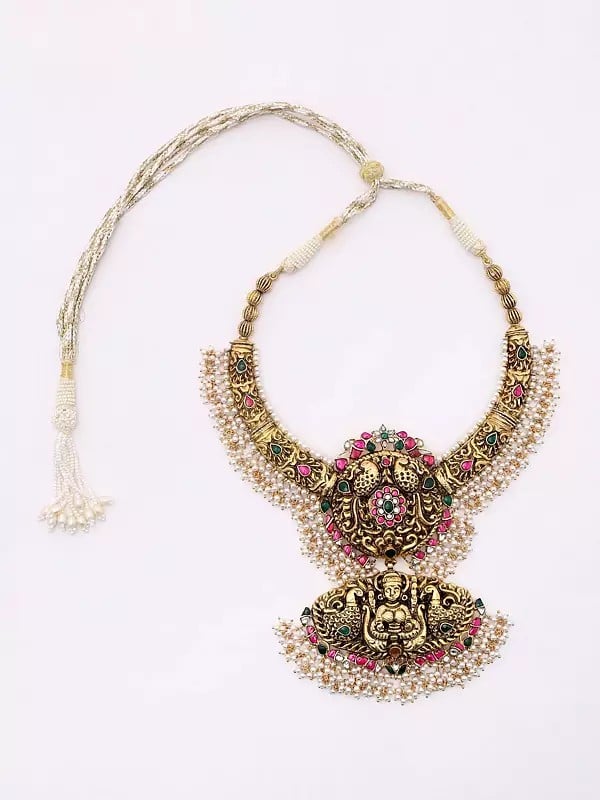 Exotic India Traditional South Indian Temple Goddess Laxmi Embossed Patterns Necklace And Earrings Set 