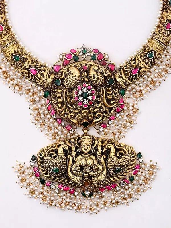 Exotic India Traditional South Indian Temple Goddess Laxmi Embossed Patterns Necklace And Earrings Set 