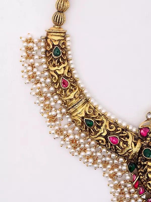 Exotic India Traditional South Indian Temple Goddess Laxmi Embossed Patterns Necklace And Earrings Set 