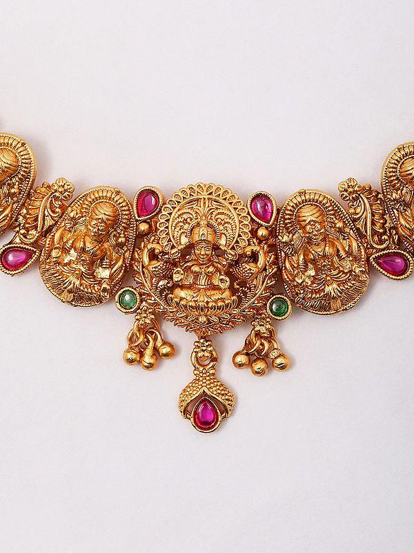 Exotic India Traditional South Indian Temple Goddess Laxmi Necklace And Earrings Set 