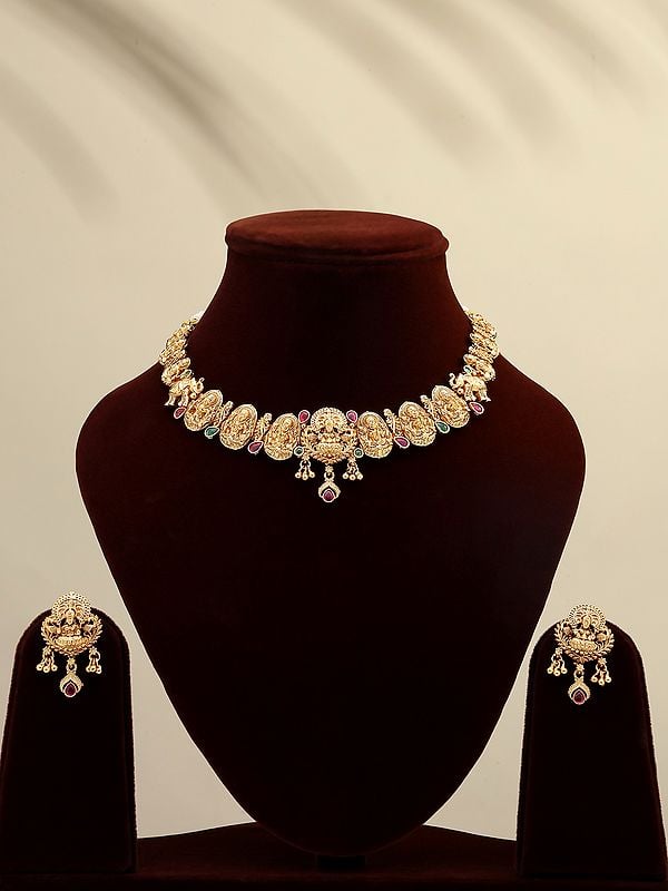 exotic india Traditional South Indian Temple Goddess Laxmi Necklace and Earrings Set 