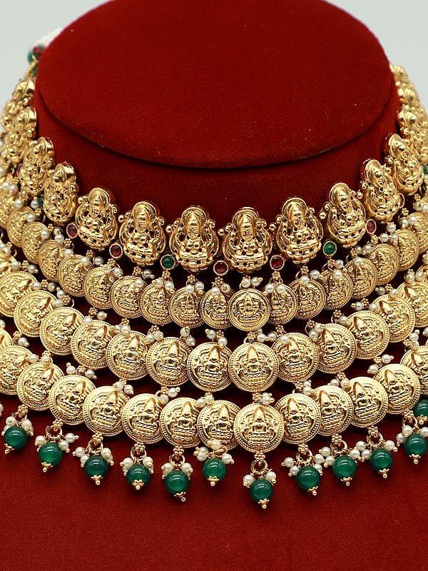 Exotic India Traditional Temple Goddess Lakshmi Choker Necklace And Matching Earrings Set