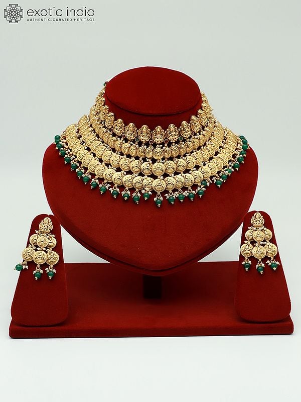 exotic india Traditional Temple Goddess Lakshmi Choker Necklace And Matching Earrings Set 
