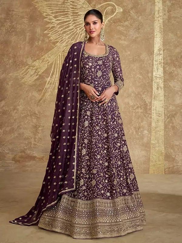 Exotic India Traditional Thread Sequins And Embroidery Work Georgette Anarkali Gown With Matching Dupatta