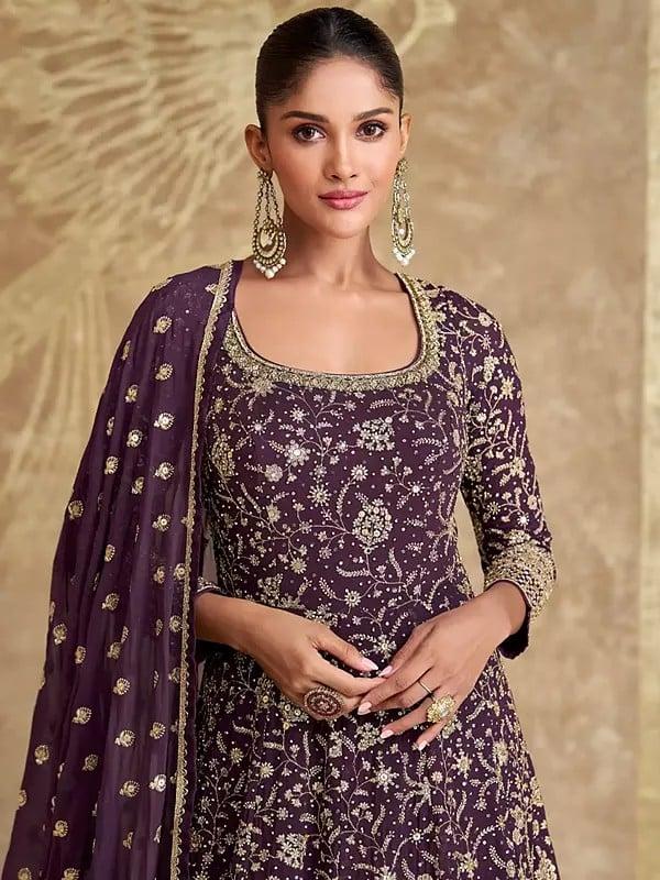 Exotic India Traditional Thread Sequins And Embroidery Work Georgette Anarkali Gown With Matching Dupatta