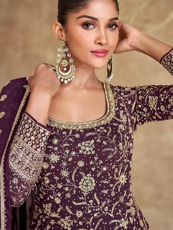 Exotic India Traditional Thread Sequins And Embroidery Work Georgette Anarkali Gown With Matching Dupatta