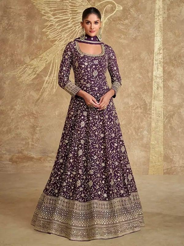 exotic india Traditional Thread Sequins And Embroidery Work Georgette Anarkali Gown With Matching Dupatta