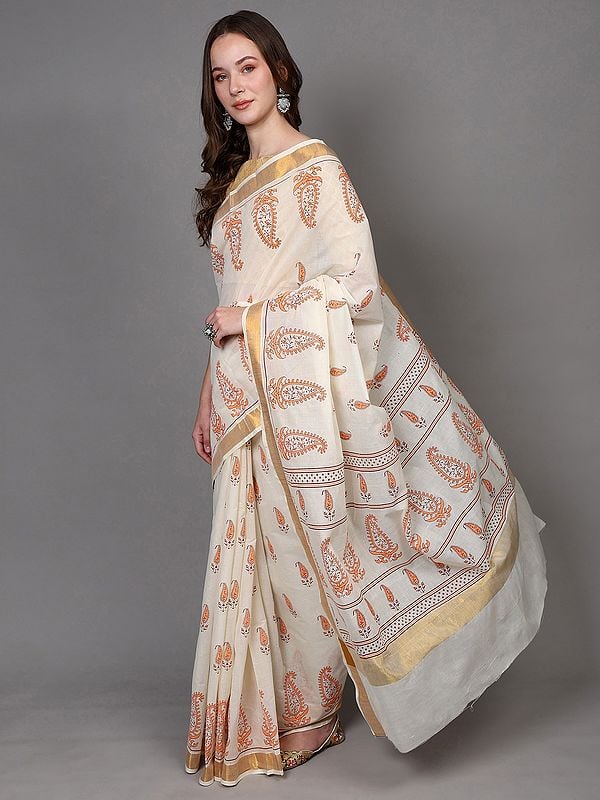 Exotic India Transparent-Yellow Cotton Saree With Paisley Print And Zari Border From Telangana 
