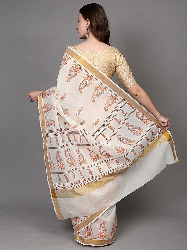 Exotic India Transparent-Yellow Cotton Saree With Paisley Print And Zari Border From Telangana 