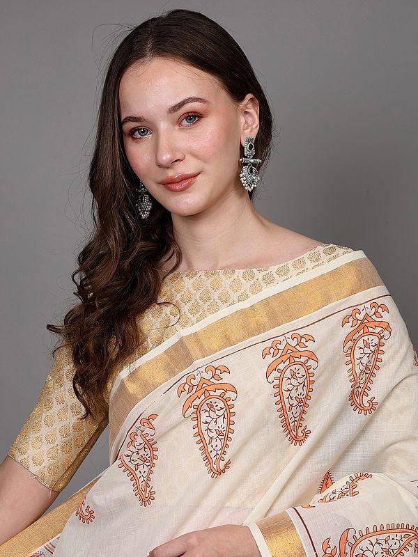 Exotic India Transparent-Yellow Cotton Saree With Paisley Print And Zari Border From Telangana 