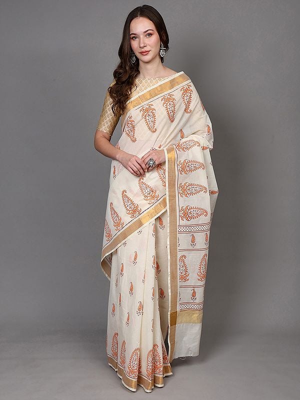 exotic india Transparent-Yellow Cotton Saree with Paisley Print and Zari Border from Telangana 