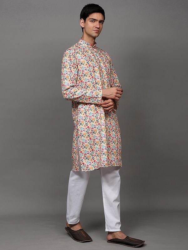 Exotic India Transparent-Yellow Kurta Pajama Set With Printed Multicolor Floral Leaves 
