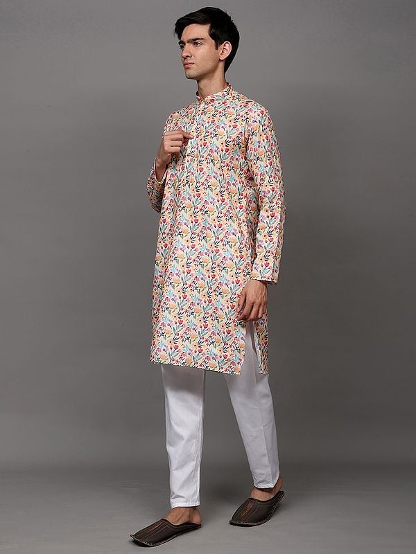 Exotic India Transparent-Yellow Kurta Pajama Set With Printed Multicolor Floral Leaves 